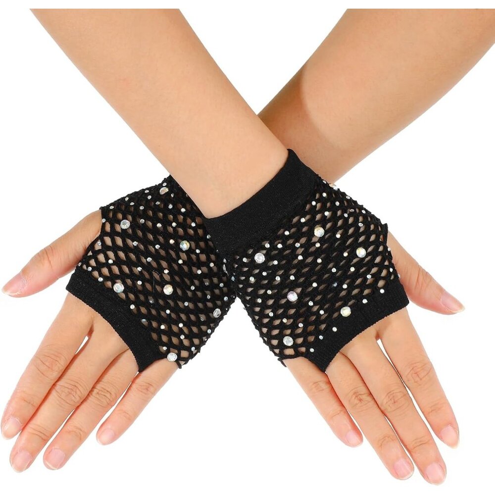 Women's Black Rhinestone Fishnet Short Mesh Gloves Halloween Party Costumes